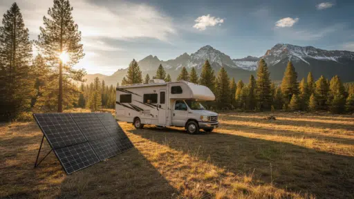 RV parked in meadow with solar panels under mountain landscape and setting sun