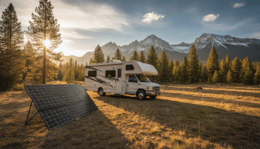 RV parked in meadow with solar panels under mountain landscape and setting sun