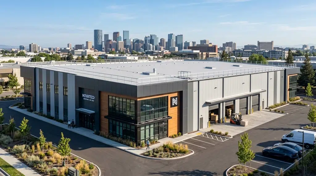Large industrial building with loading docks in urban area, city skyline in the background
