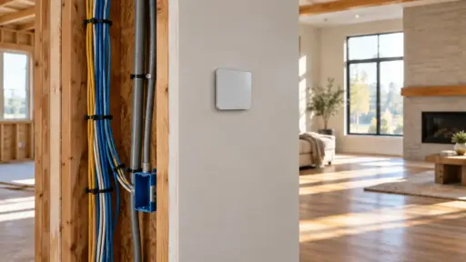 Wiring and conduits in a partially constructed room with view of modern living space