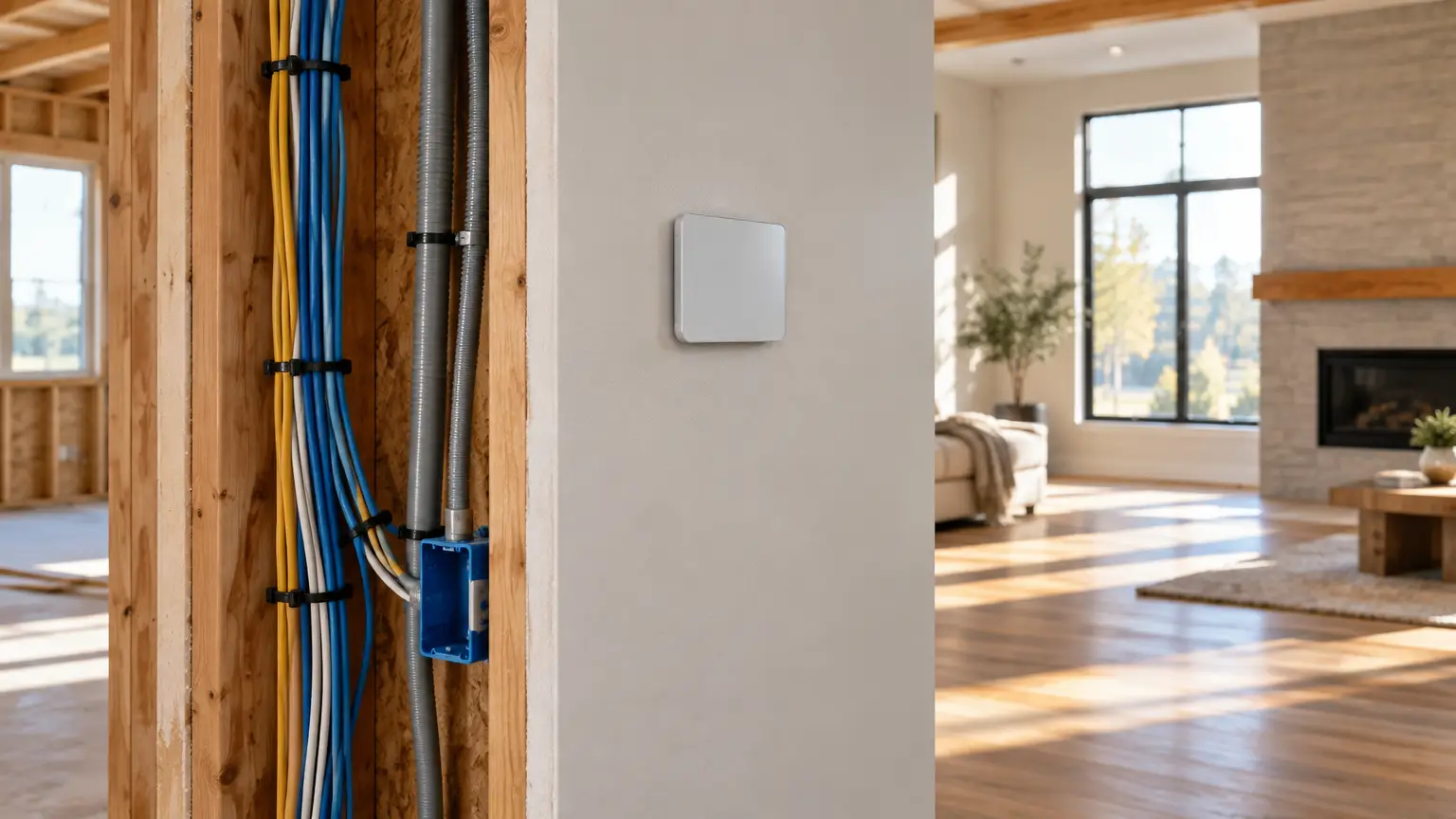 Wiring and conduits in a partially constructed room with view of modern living space