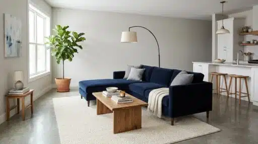 Navy blue sectional sofa in modern living room with potted plant and wooden coffee table