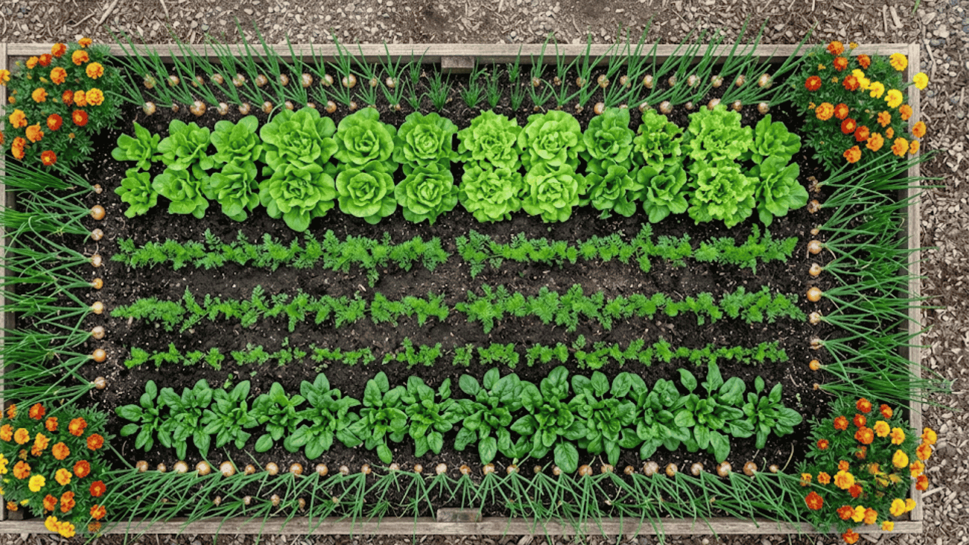 top down raised bed showing carrots with onions leafy greens herbs and flowers arranged around them