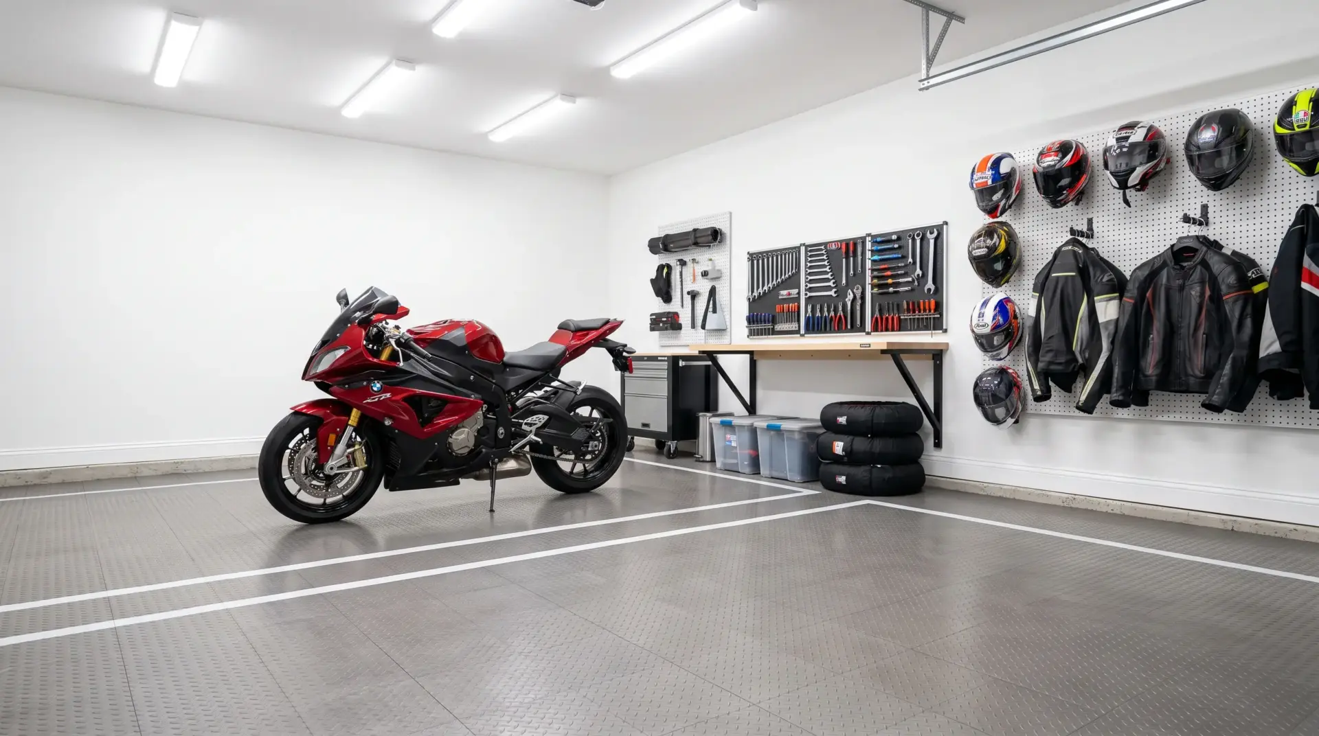 Red motorcycle in organized garage with tools, helmets, and jackets on wall-mounted pegboards