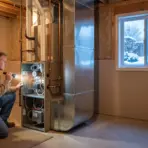 Man inspecting HVAC system with flashlight in a basement during winter day