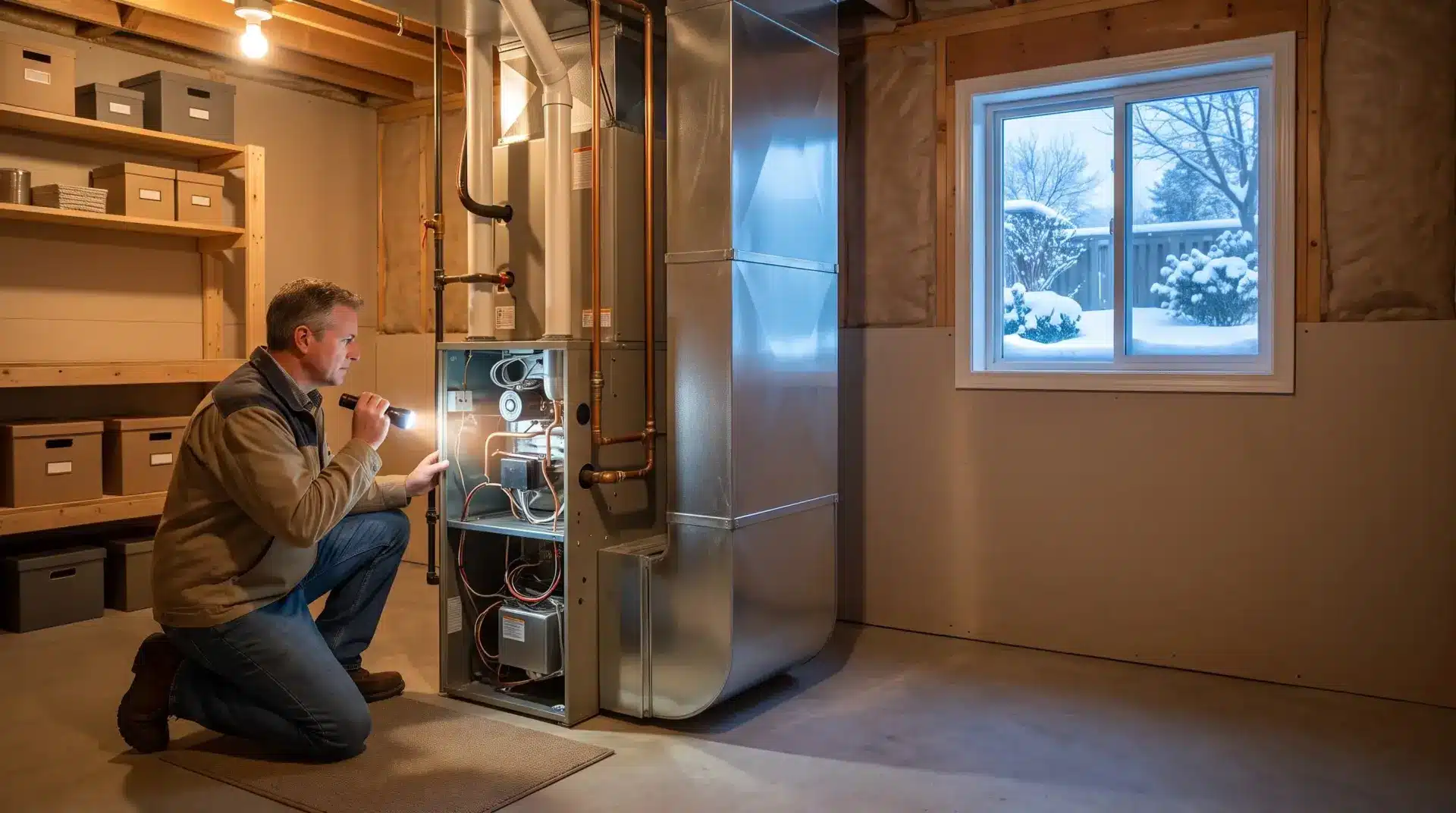 Man inspecting HVAC system with flashlight in a basement during winter day