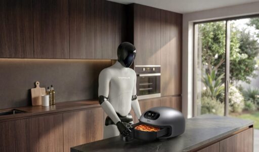 Robot operating a pizza oven in modern kitchen near large window with greenery outside