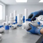 Gloved hands assembling blue and white PVC pipes in a workshop with natural light