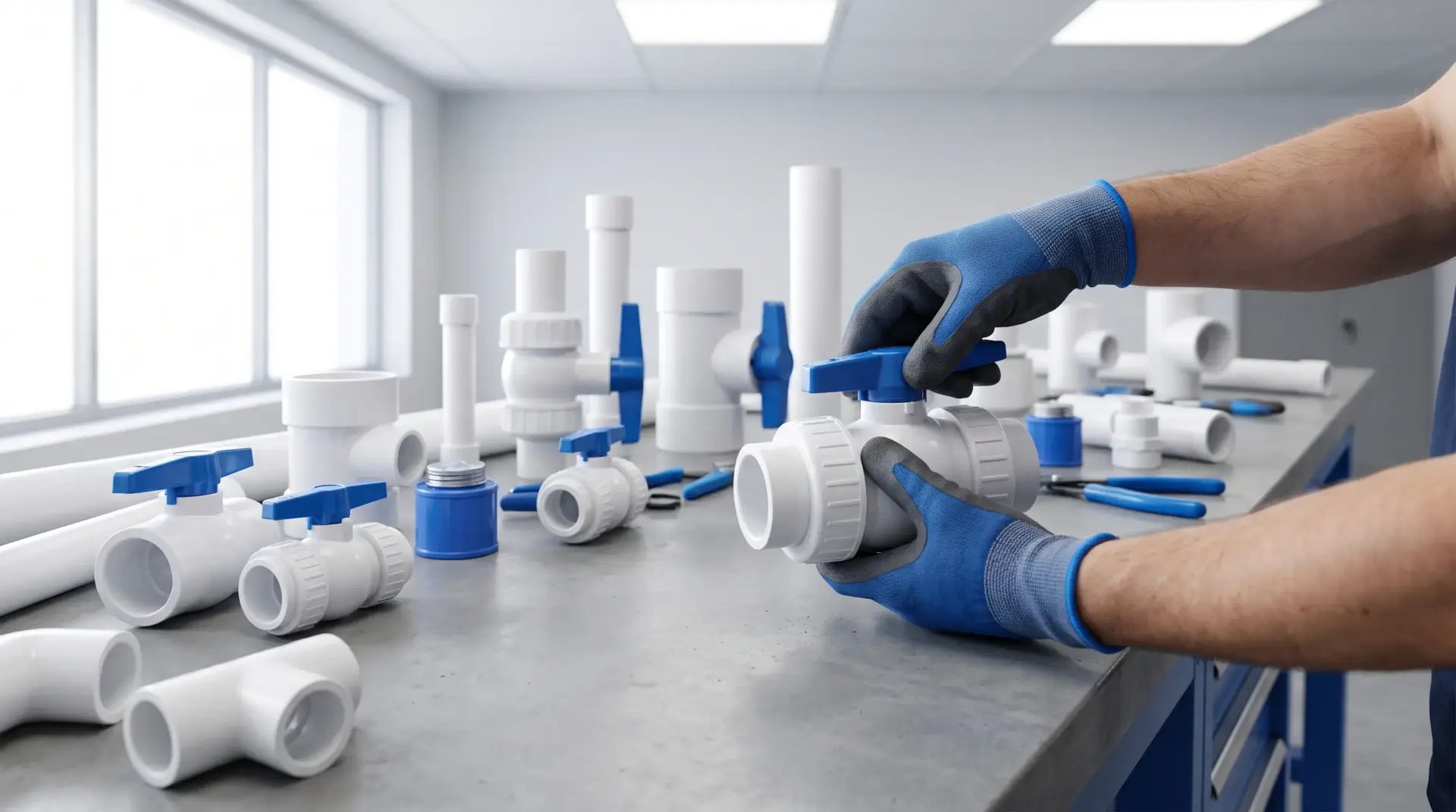 Gloved hands assembling blue and white PVC pipes in a workshop with natural light