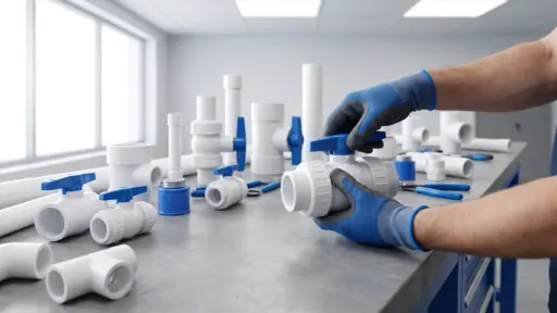 Gloved hands assembling blue and white PVC pipes in a workshop with natural light