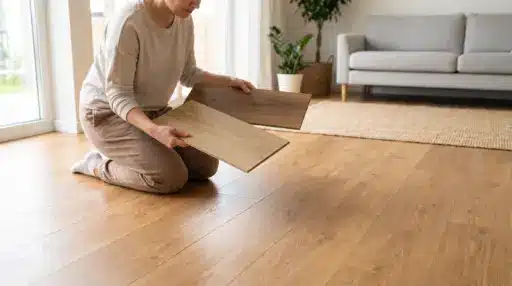Person kneeling on wooden floor comparing laminate samples in bright living room