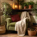 Cozy reading nook with green armchair, red pillow, and blanket surrounded by plants and baskets