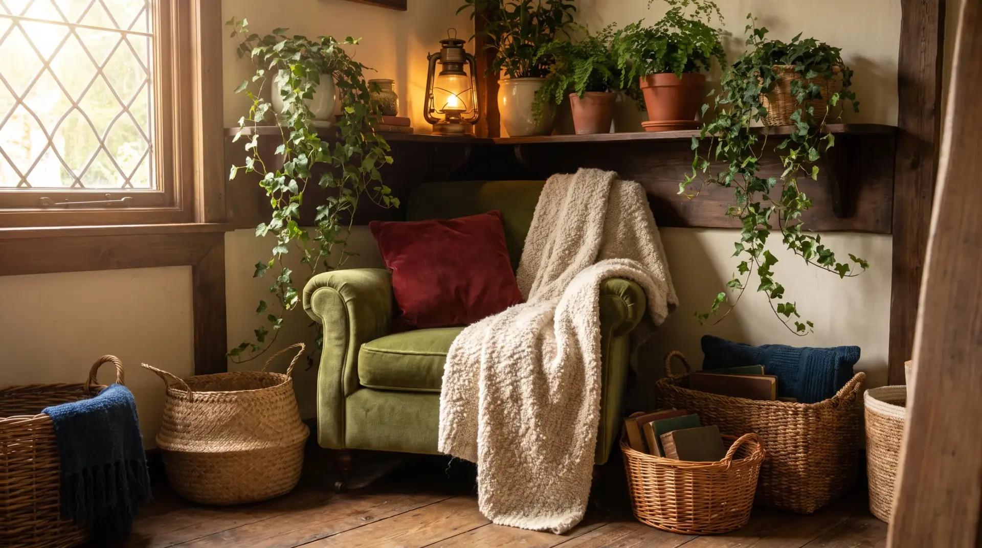 Cozy reading nook with green armchair, red pillow, and blanket surrounded by plants and baskets