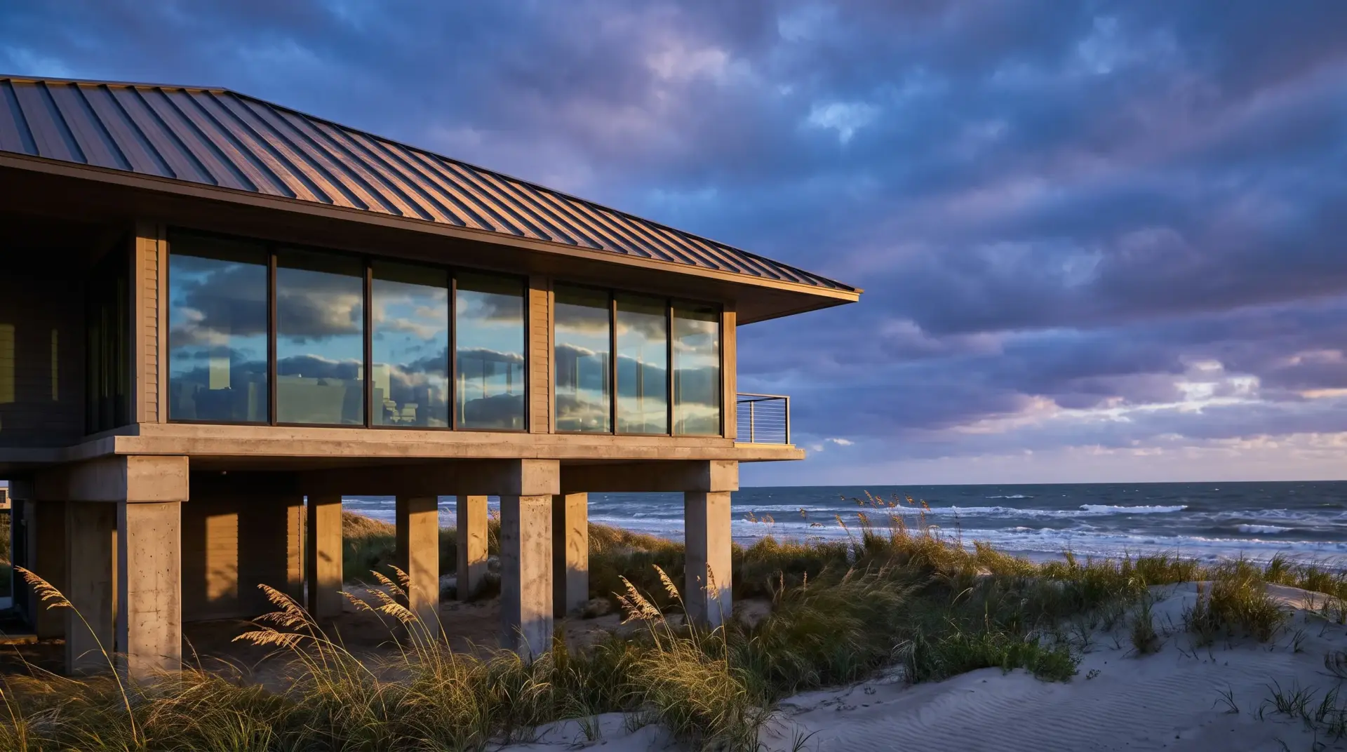Modern beach house with large windows overlooking ocean under cloudy sky at sunset