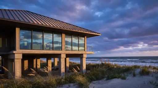 Modern beach house with large windows overlooking ocean under cloudy sky at sunset