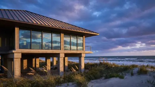 Modern beach house with large windows overlooking ocean under cloudy sky at sunset