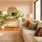 Modern living room with beige sofa, colorful cushions, indoor plants, and round mirror under natural light