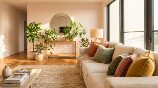 Modern living room with beige sofa, colorful cushions, indoor plants, and round mirror under natural light