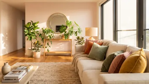Modern living room with beige sofa, colorful cushions, indoor plants, and round mirror under natural light