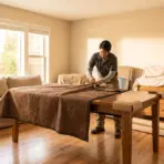 Person wrapping furniture with brown quilted blanket in sunlit living room with wooden floors