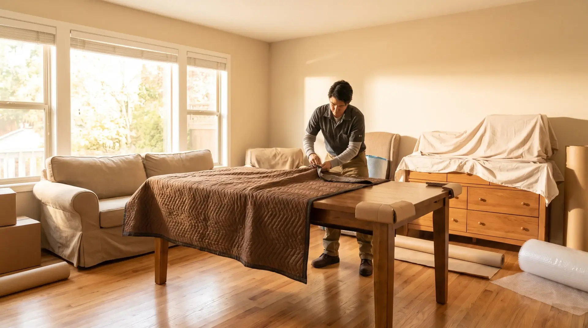 Person wrapping furniture with brown quilted blanket in sunlit living room with wooden floors