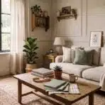 Cozy living room with beige sofa, wooden coffee table, and large window letting in natural light