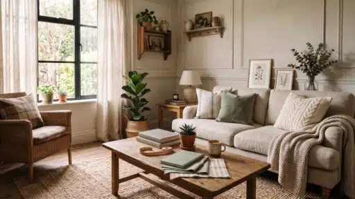 Cozy living room with beige sofa, wooden coffee table, and large window letting in natural light