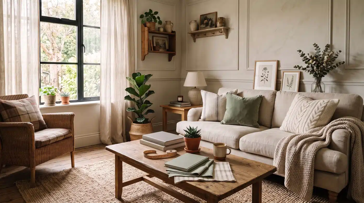 Cozy living room with beige sofa, wooden coffee table, and large window letting in natural light