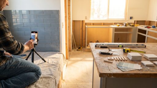 Person photographing blue tile wall in under-construction kitchen with tools on wooden table