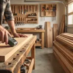 Man checking wooden plank in workshop with digital caliper on a workbench