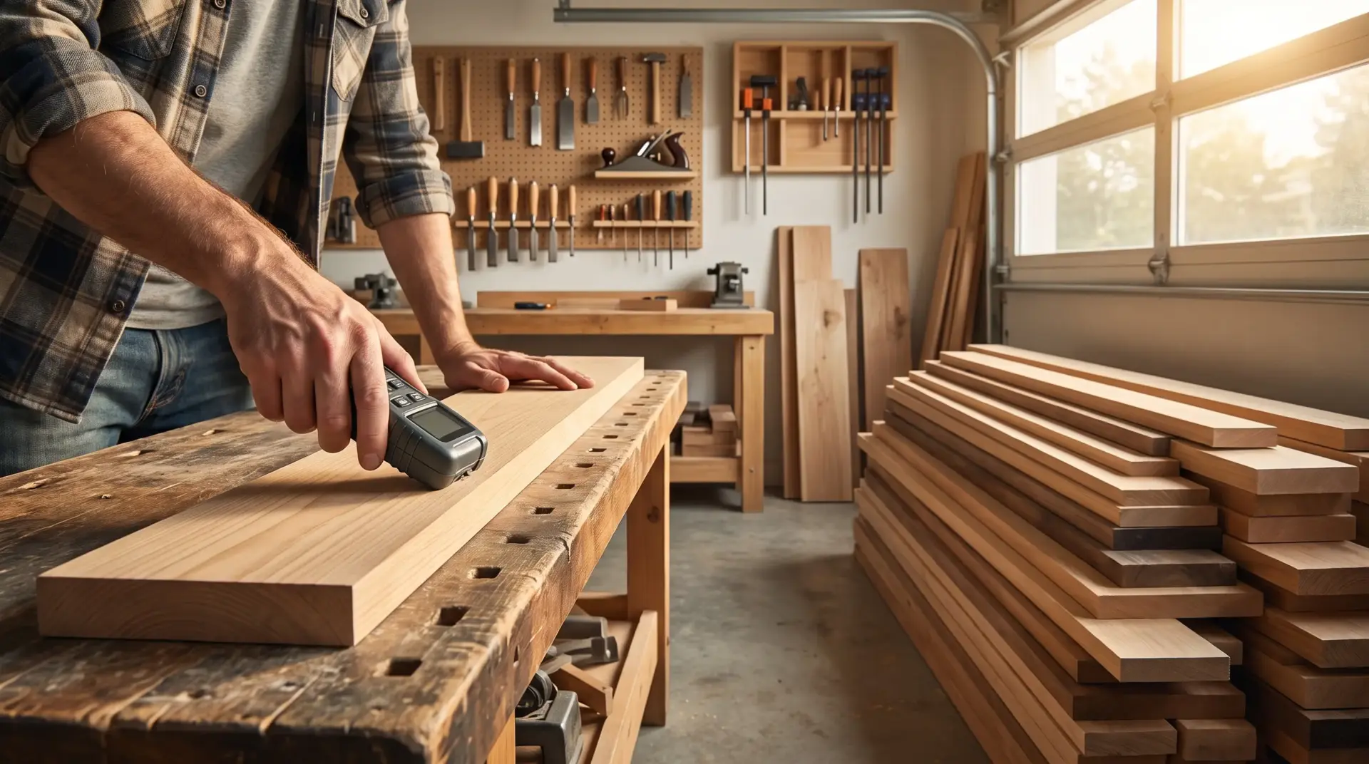Man checking wooden plank in workshop with digital caliper on a workbench