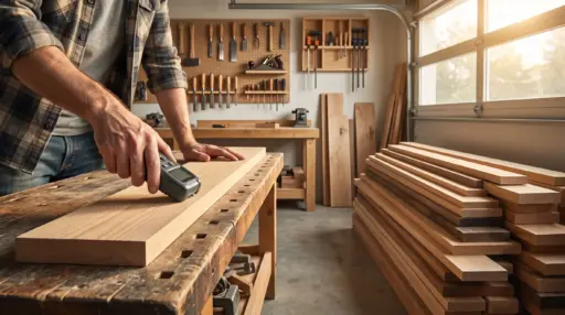 Man checking wooden plank in workshop with digital caliper on a workbench