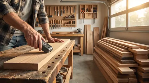 Man checking wooden plank in workshop with digital caliper on a workbench