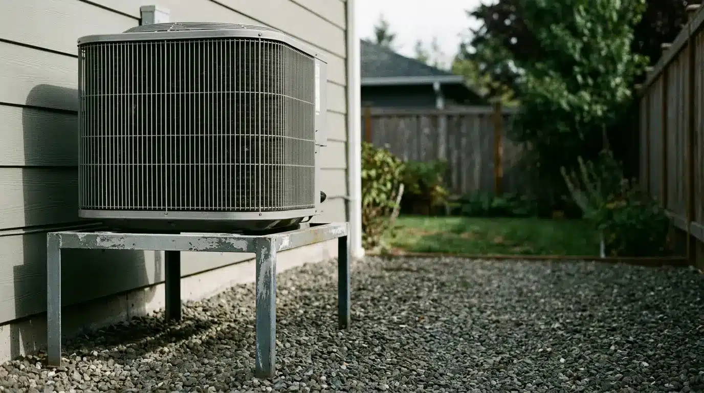 Outdoor air conditioning unit on gravel beside gray house in residential backyard setting