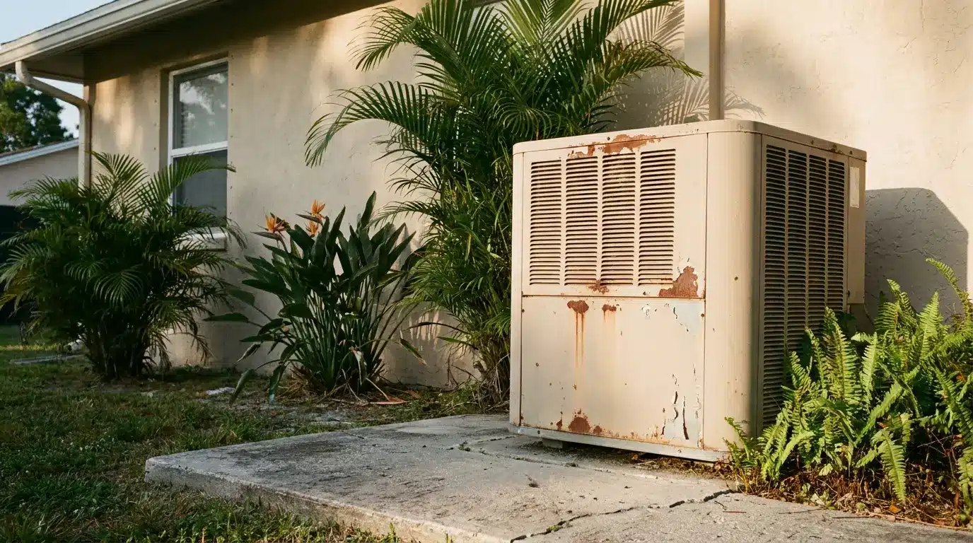 Rusty air conditioning unit outside a house surrounded by greenery in sunlit yard