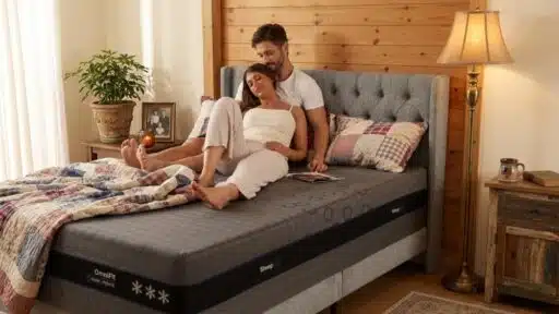 Couple relaxing on a modern mattress in a cozy bedroom with wooden accents and warm lighting