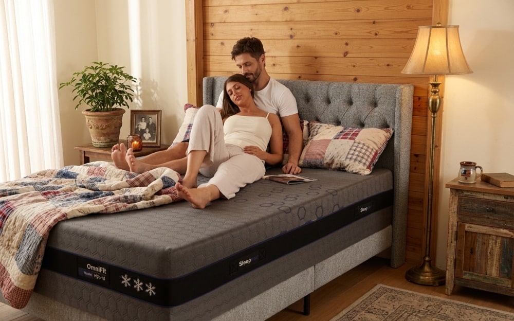 Couple relaxing on a modern mattress in a cozy bedroom with wooden accents and warm lighting