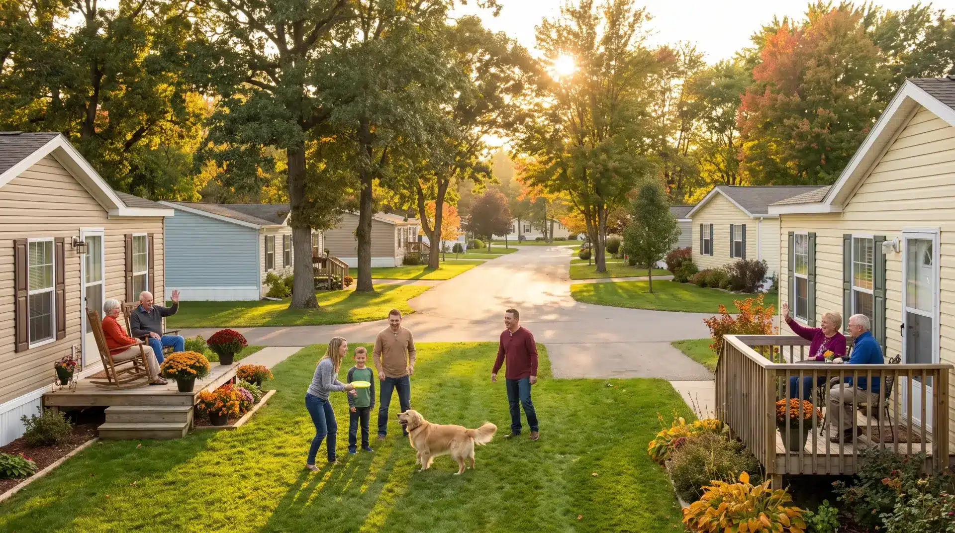 Community gathering in suburban neighborhood with families and golden retriever on sunny day