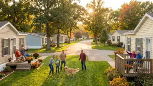 Community gathering in suburban neighborhood with families and golden retriever on sunny day