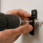 person installing a drywall anchor with a drill screw and small mounting bracket on a wall