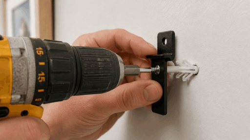 person installing a drywall anchor with a drill screw and small mounting bracket on a wall