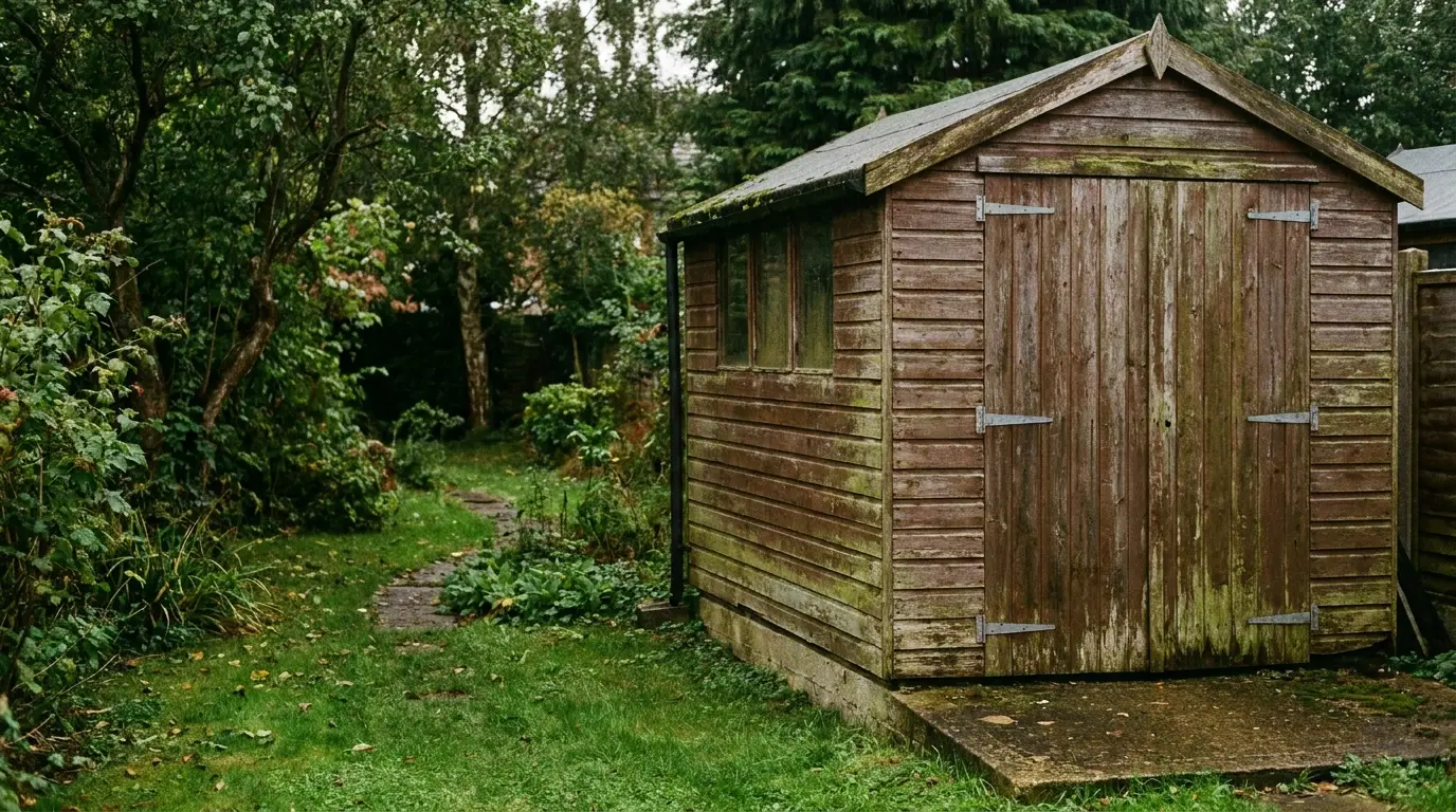 Wooden shed with moss on roof in lush green garden surrounded by trees and shrubs