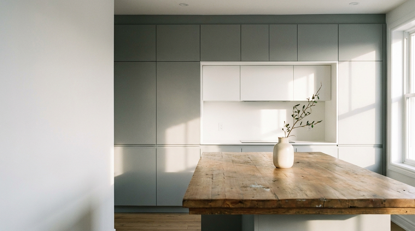 Minimalist kitchen with wooden table and white cabinets under soft natural light