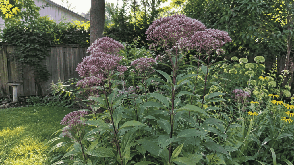tall Joe Pye weed with dusty pink flower clusters towering over a backyard bed