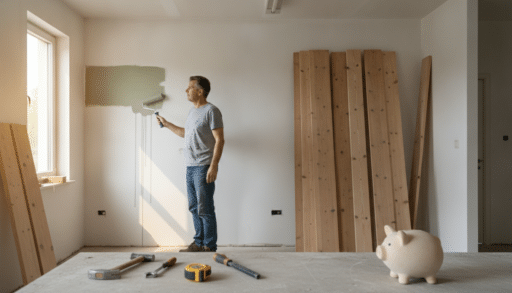 Man painting wall with paint roller in room with wooden planks and tools on floor