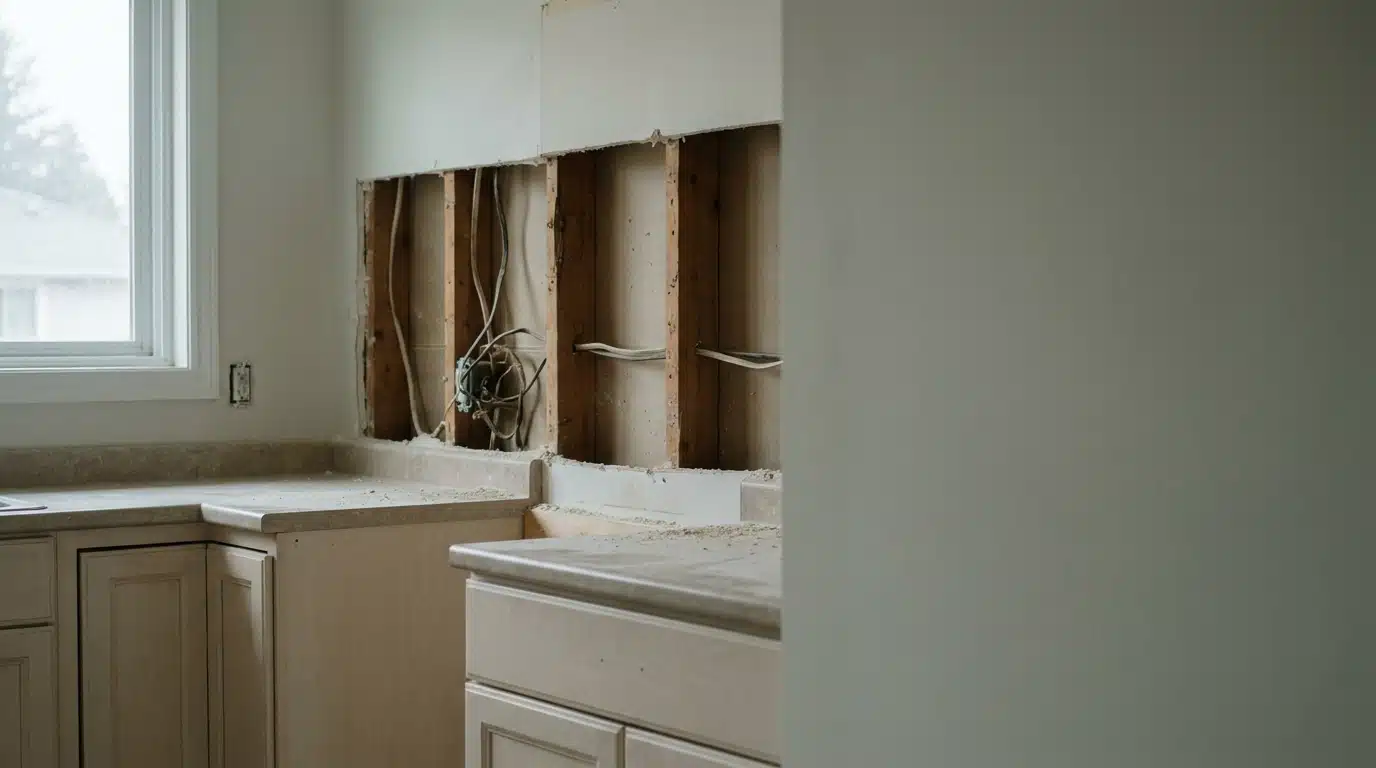 Unfinished kitchen renovation showing exposed drywall and electrical wiring with light wooden cabinets