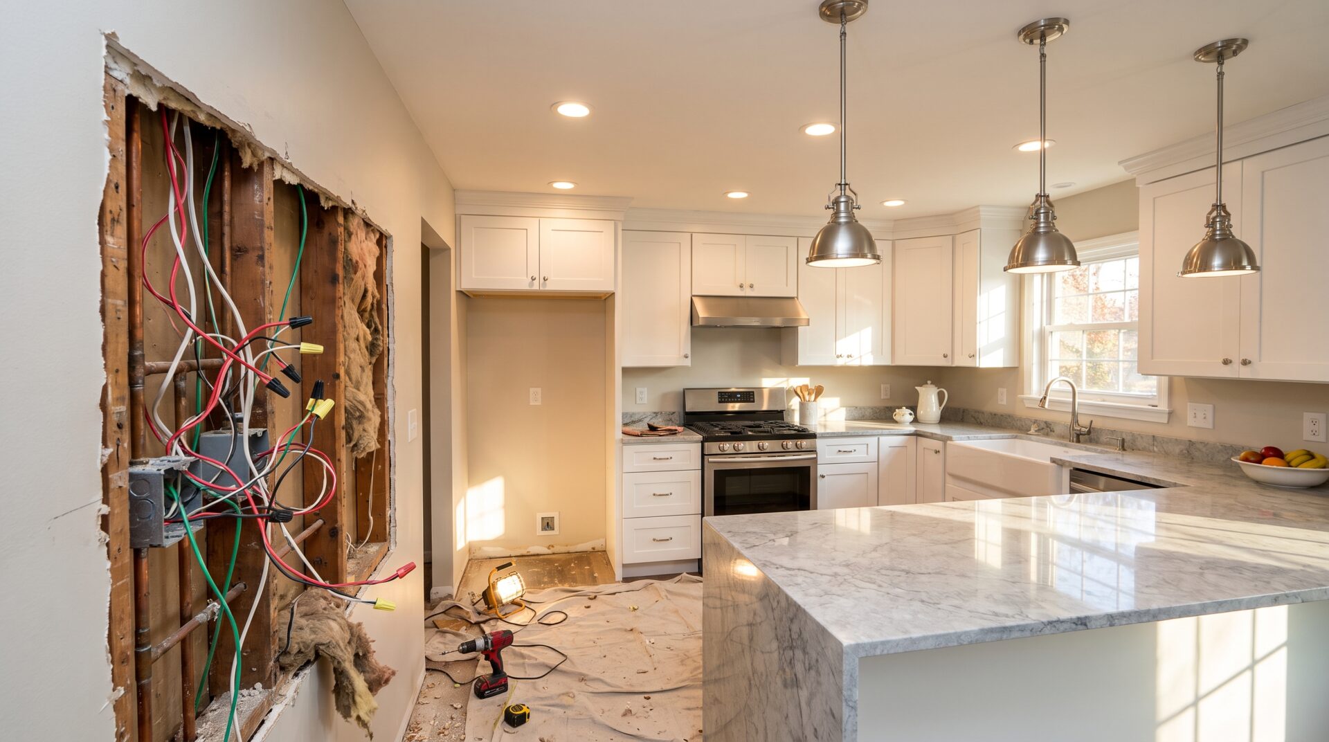 Unfinished kitchen remodel with exposed wiring and modern white cabinets under bright lighting