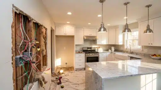 Unfinished kitchen remodel with exposed wiring and modern white cabinets under bright lighting