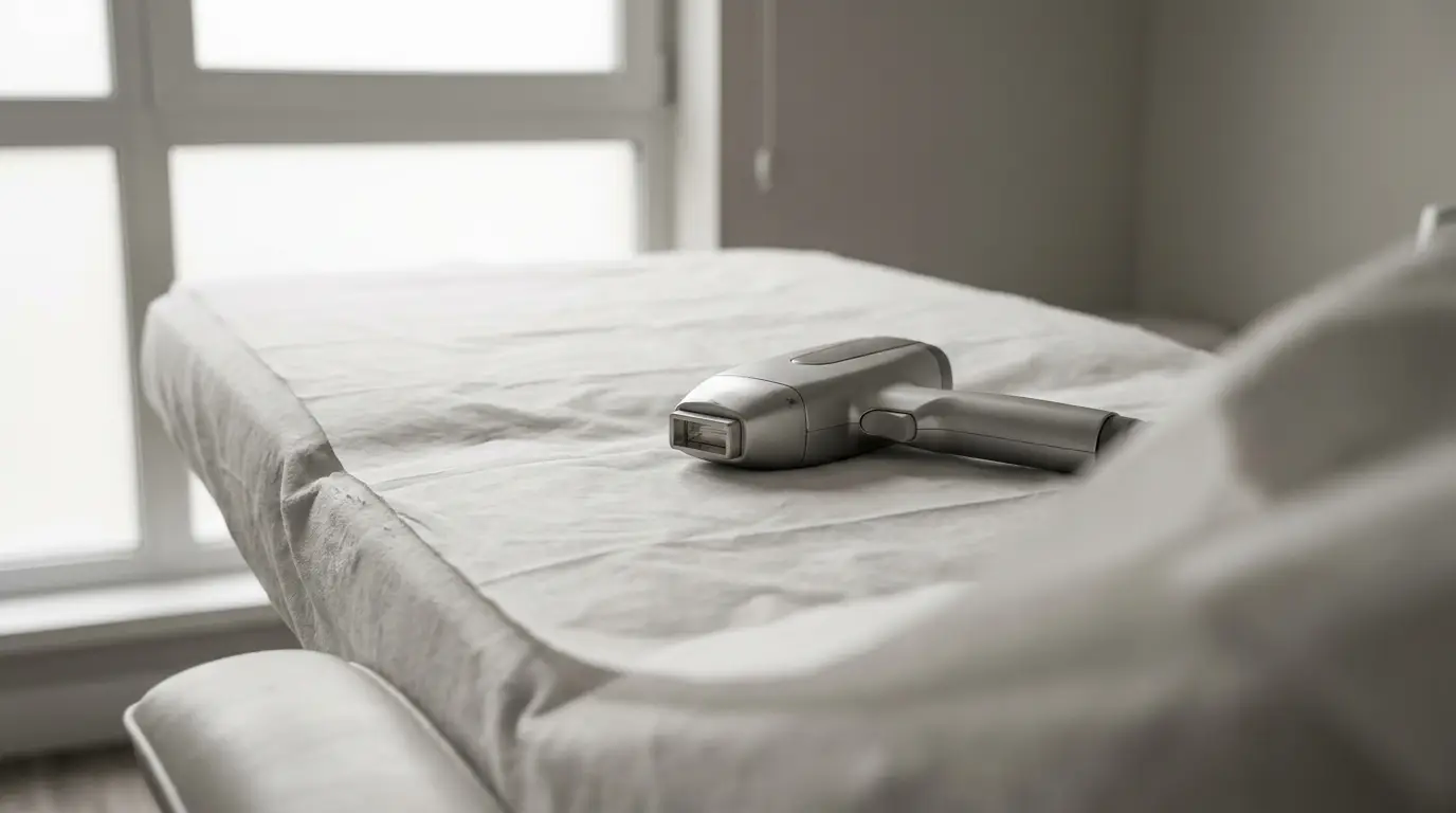 Laser hair removal device on a covered treatment bed in a softly lit room