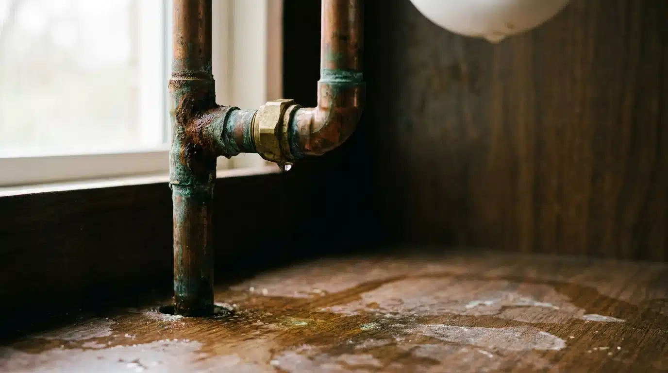 Leaking corroded copper pipe with water damage on wooden surface near window